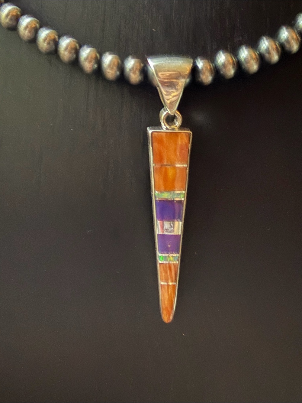 Native American Silver Inlay Orange and Purple Spike Pendant Necklace